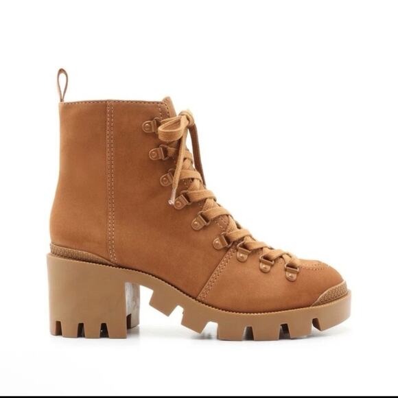 Revolve Schutz Xayane Lace Up Heeled Leather Combat Lug Boots Sz 9.5 Hazel Tan - Picture 1 of 12